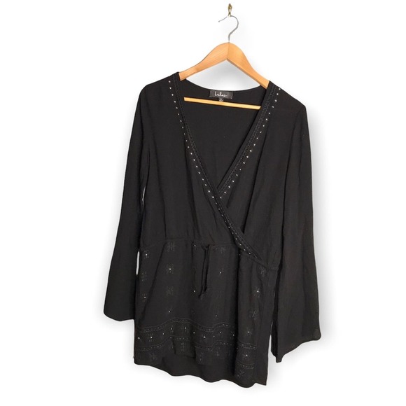 Lulu’s | NEW San Marcos Black Studded Long Sleeve Dress Boho Print & jeweled - Picture 10 of 11